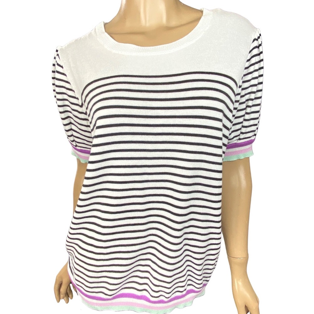 Joseph A Sz PXL Pullover Top Black & White Stripe Cotton/Rayon Purple/Green Trim